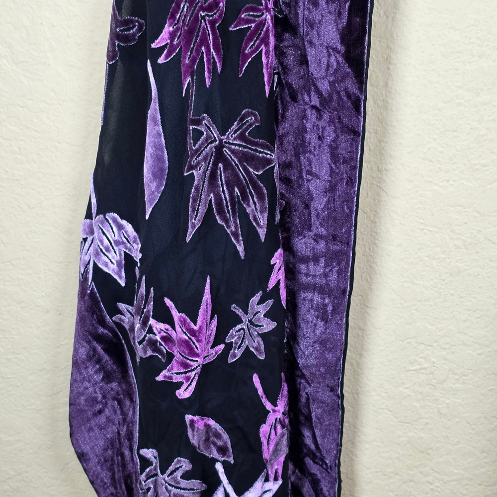 Purple Burnout Velvet Leaf Sheer Black Chiffon Long Rectangular Shawl Scarf Wrap